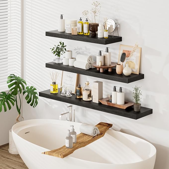 Heimlove 36 Inch Long Floating Shelf for Wall, 12" Deep Black Floating Shelves Wall Shelves for Bedroom Living Room Bedroom, Wall Mounted Shelves for Storage Book Decor, Set of 2