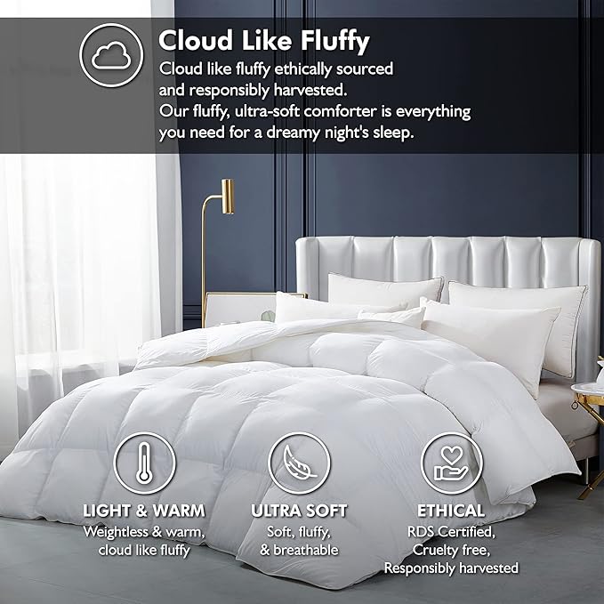 Luxurious White Solid Heavy Weight, Palatial King Size Goose Feathers Down Comforter for Winter Weather, 120 X 98 inches, Premium Baffle Box, 100% Egyptian Cotton Cover, 95 oz. Fill Weight