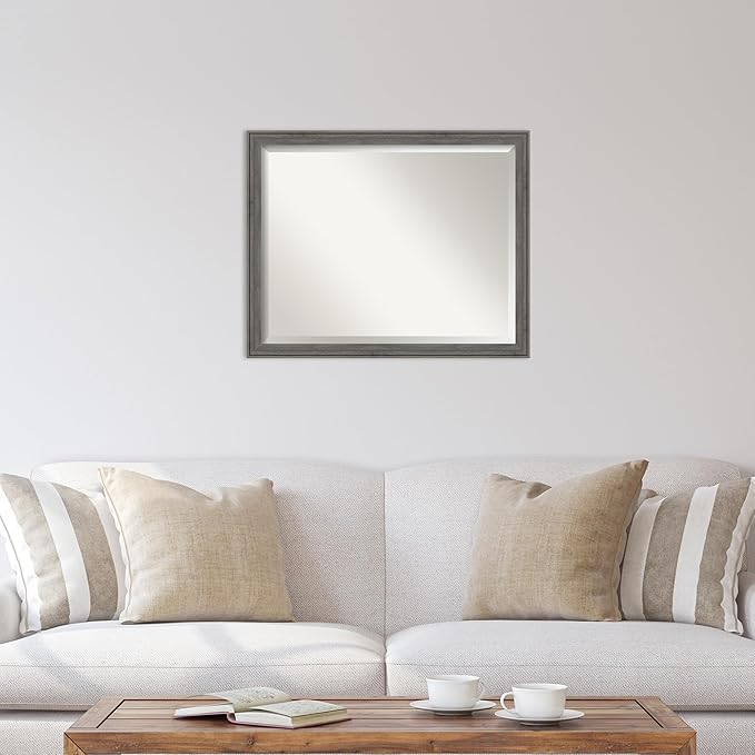 Amanti Art Grey Wall Mirror 25x31 Regis Barnwood Grey Narrow Rectangle Bathroom Mirror for Wall Decor Living Room, Large Country Rustic Wood Frame, Hangs Horizonally and Vertically, Bathroom Decor,
