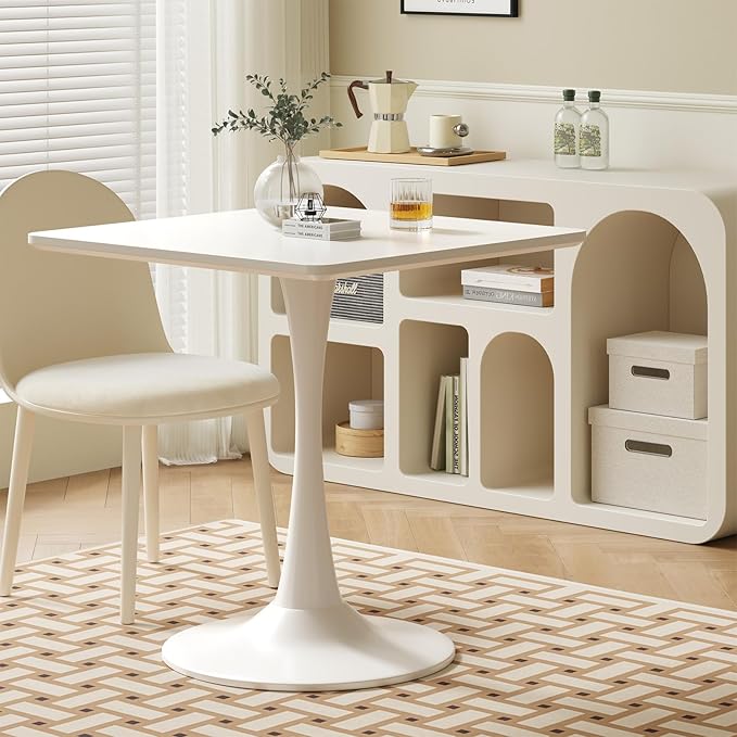 White Square Tulip Table for 2 Person, 24 Inch Small Dining Table with Pedestal Base for Two, Mid Century Modern Tulip Tables for Kitchen, Living Room, Cafe, Coffee, Office, Bistro, Pub, Bar, Wood Top