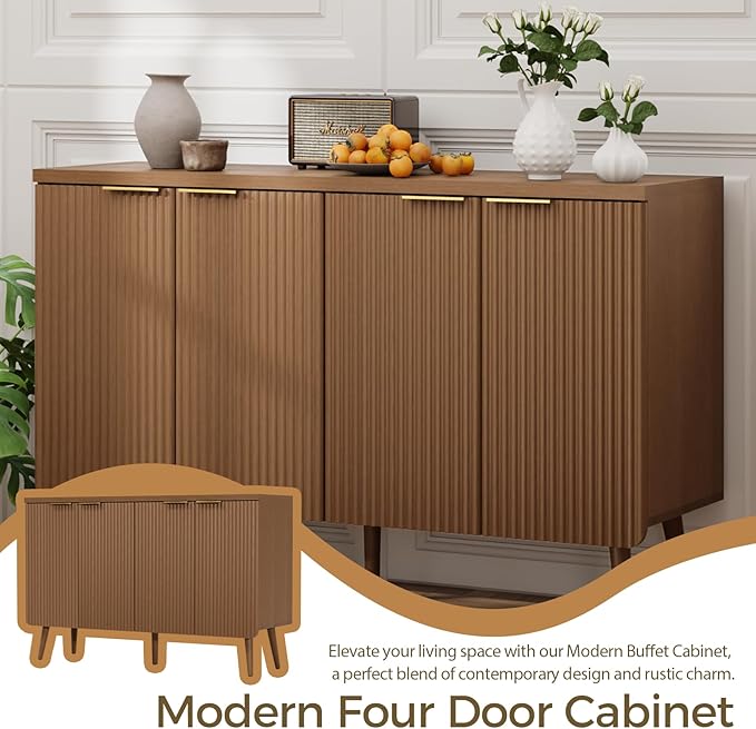 Fluted Buffet Cabinet – Modern Wood Sideboard with 4-Doors & Shelves, Multifunctional Storage Cabinet & Credenzas for Entryway, Dining & Living Room, Black