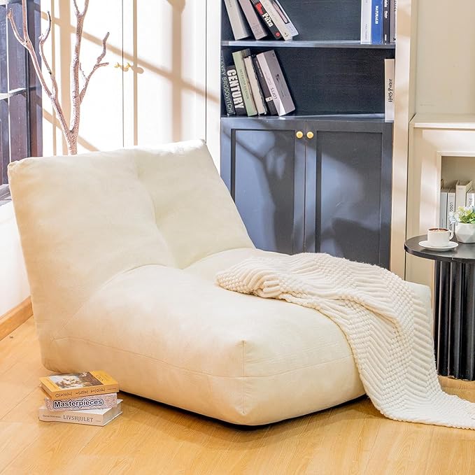 Bean Bag Chairs for Adults, Memory Foam Bean Bag Chair, Spacious Single Sofa, Ergonomic Support Reading Floor Sofa Chair with Filler, Comfy Cozy Beanbag Couch for Bedroom Living Room (Beige)