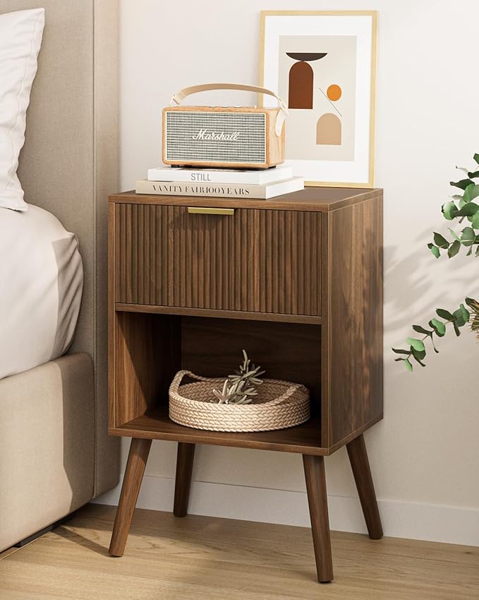 Nightstand, Small Side Table, Bedside Table with Drawer, Modern Night Stand, End Table for Bedroom, Living Room (Walnut Stripe)