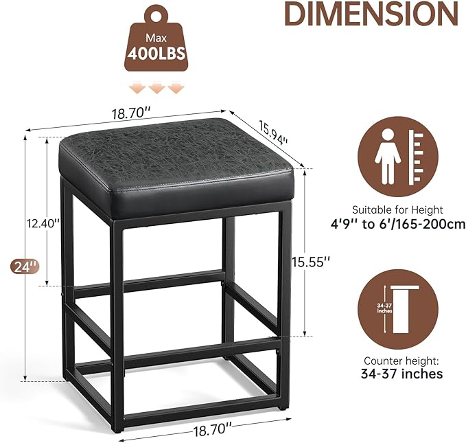 Counter Height Bar Stools Set of 3, 24" Barstools for Kitchen Countertop, Faux Leather Counter Stools with Thick Square Seats & Sturdy Metal Base, Simple Assembly, Black