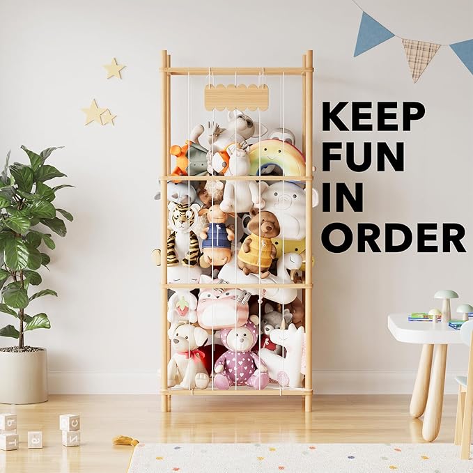 SpaceAid Stuffed Animal Storage Organizer, Wood Animals Zoo Toy Plushies Storage Holder, Large Capacity Plush Toy Cage for Playroom Organization, 22.8" Wide, Natural