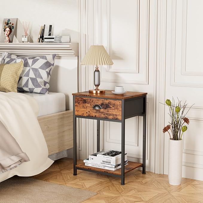 Furologee End Table with Storage Shelf and Fabric Drawer, 2 Tiers Industrial Nightstand, Bedside Table Organizer for Living Room Bedroom, Rustic Brown, Easy Assembly