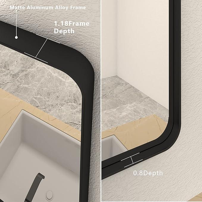 40x32 Black Bathroom Mirror, Matte Framed Bathroom Vanity Mirror for Wall, Modern Rectangle Mirror, Rounded Corners, Tempered Glass (Horizontally/Vertically)
