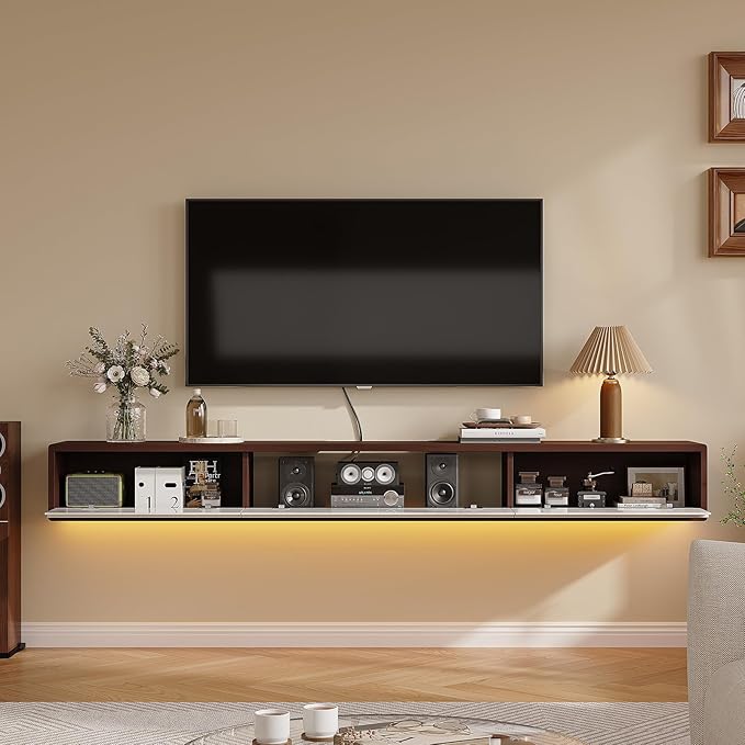 Floating TV Stand High Gloss,47'' Wall-Mounted TV Cabinet,Floating TV Console,Under TV Shelf with 3 Doors for Living Room Bedroom(Walnut+White)