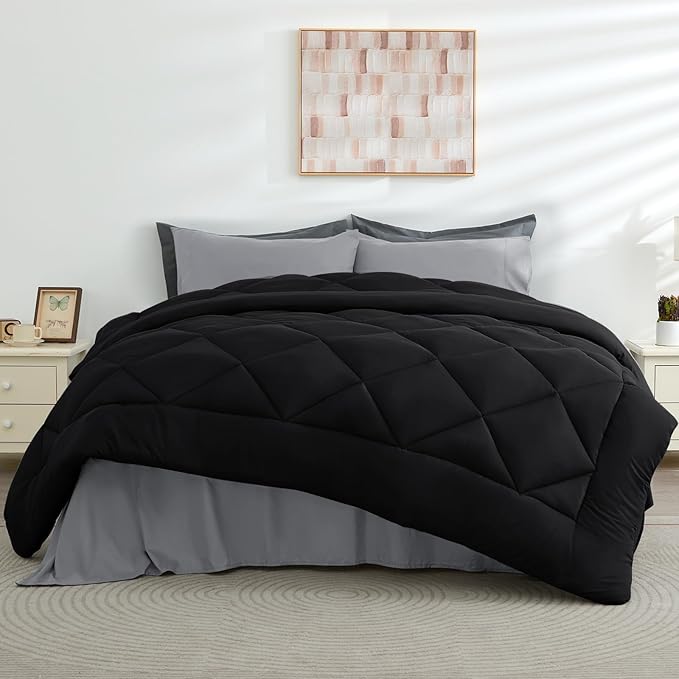 HEVUMYI 120x98 Oversized King Comforter Set - 7-Piece All Season Bed in a Bag Oversized King, Ultra Soft Bedding Set with 120 x 98 Comforter, Flat Sheet, Fitted Sheet, Pillowcases, Black & Light Grey