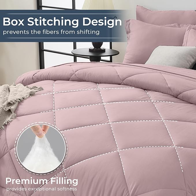 HEVUMYI Rose Gold Cali-King Comforter Set - 7-Piece All Season Bed in a Bag Cali-King, Ultra Soft Bedding Set with Comforter, Flat Sheet, Fitted Sheet, Pillowcases, Pillow Shams