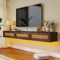 Fully-Assembled Floating TV Stand with 3 Rattan Doors, Rustic Floating Entertainment Center Under TV Shelf, Modern Large Storage Wall Mounted Media Console for Living Room Bedroom 70IN