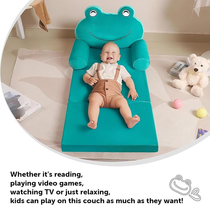 Kids Sofa Comfy, Adorable Animal Toddler Chair, Foldable Kids Couch with Removable Washable Cover, Soft & Breathable Fabric, No Assembly Needed, Foldable Baby Sofa(Green Frog)