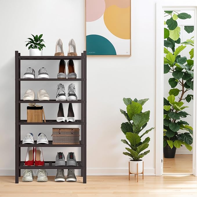 Haddockway small 6 Tier Bamboo Shoe Rack Storage Organizer, Multifunctional Free Standing Stackable Shoe Shelf with Grid Panel for Closet,Hallway,Entryway,Small Space 18"x11"x34"(Brown, 6-Tier(Small))