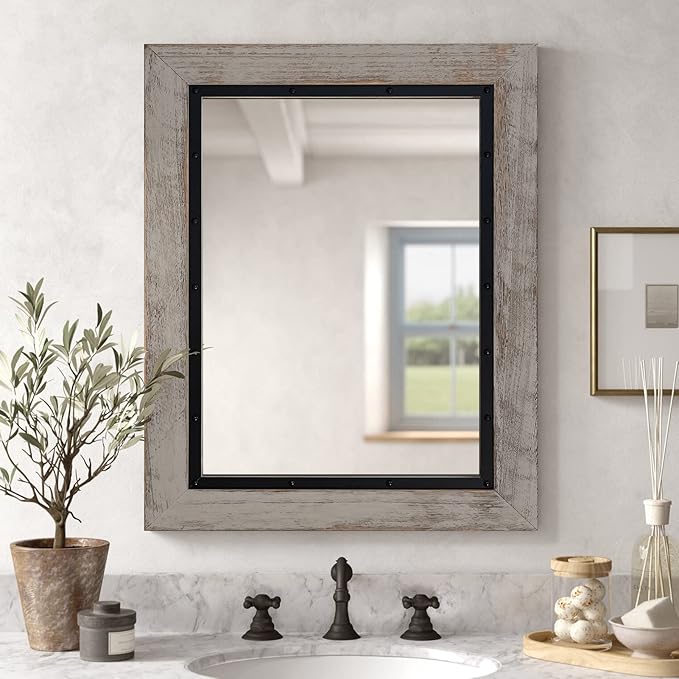 YOSHOOT Rustic Wooden Framed Wall Mirror, 30"x20", Natural Wood and Iron Bathroom Vanity Mirror for Farmhouse Decor, Vertical or Horizontal Hanging