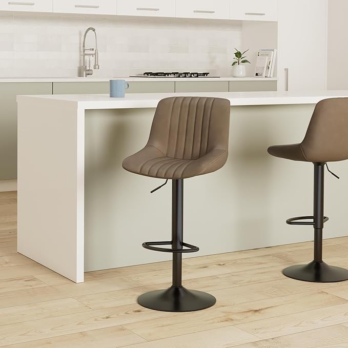 Bar Stool Set of 1, Adjustable PU Leather Bar Chairs, Swivel Counter Height Barstools with Back, Modern Armless Kitchen Island Stool, Brown