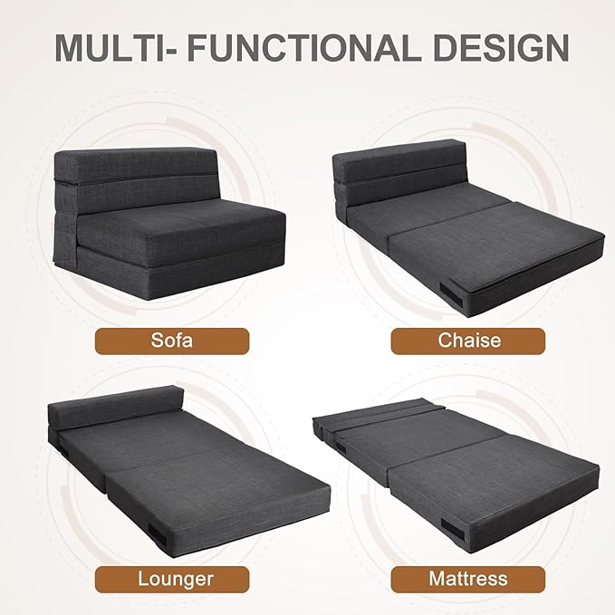 Fold Sofa Bed Couch Twin Size with Pillow Memory Foam Convertible Sleeper Chair Bed Futon Lazy for Living Room/Home Office/Guest Beds/Apartment/Upstairs Loft,Dark Gray