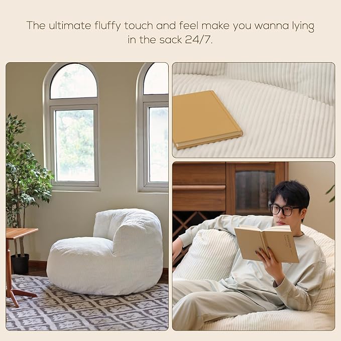 N&V Large Crescent Bean Bag Chair, Adult Size Bean Bag Sack, Foam Filling, Soft Premium Corduroy Bean Bag for Living Room Bedroom Dorm and Office (Frost Gray)