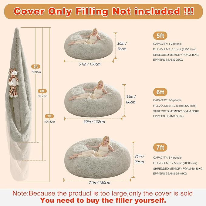 Bean Bag Chair Cover, Waterproof Faux Fur Bean Bag Cover Only(No Filler), 5FT Round Beanbag Cover with Pocket, Big Giant Bean Bags Covers for Adults Kids Teens, Stuffed Animal Storage