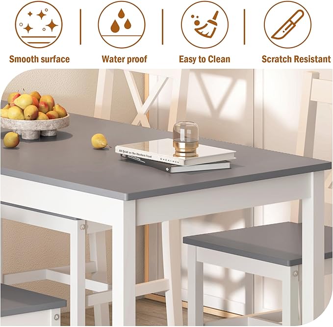 SogesPower Dining Table Set for 4, 5-Piece Wood Kitchen Dining Table Set with 4 Chairs for Kitchen Dining Room Restaurant Small Space, 47" Grey&White