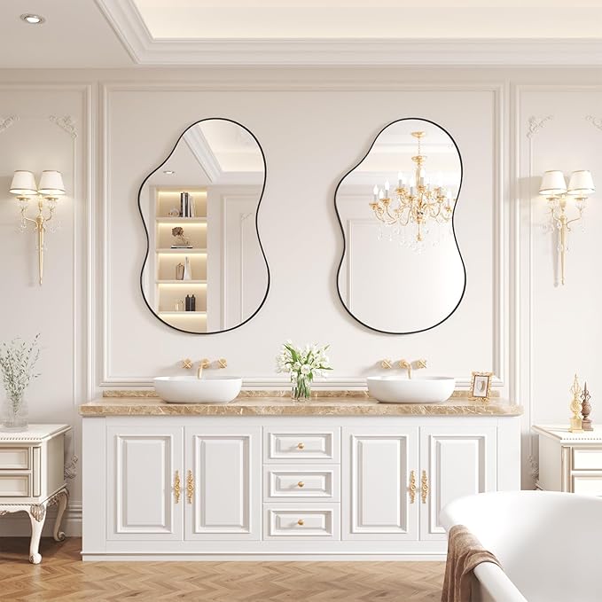 WEER Irregular Wall Mirror, 24x36 inch Black Asymmetrical Mirror Wall Mounted Mirrors Decorative, Abstract Wavy Aluminum Alloy Frame Mirror for Bathroom, Bedroom, Living Room, Entryway