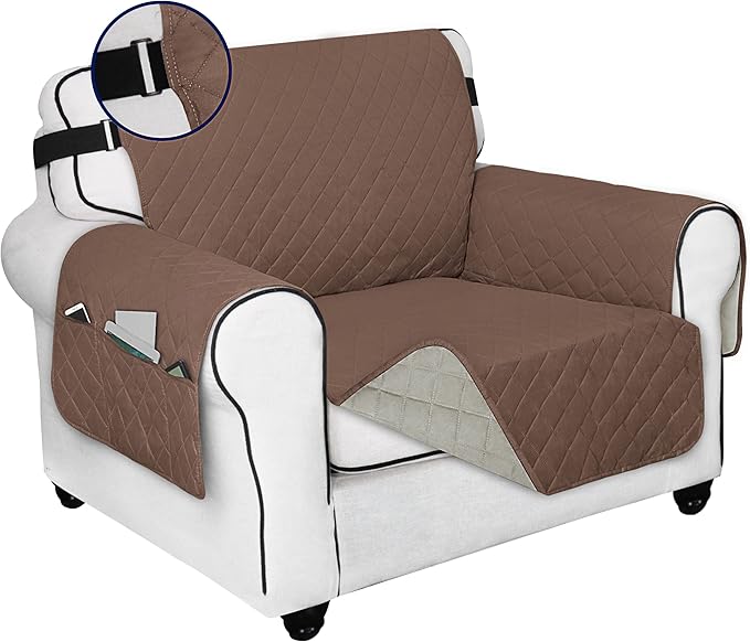 PureFit Reversible Sofa Cover Water Resistant Chair Couch Cover, Machine Washable Furniture Cover with Non-Slip Foam and Adjustable Strap for Dogs, Pets (Chair, Brown/Beige)