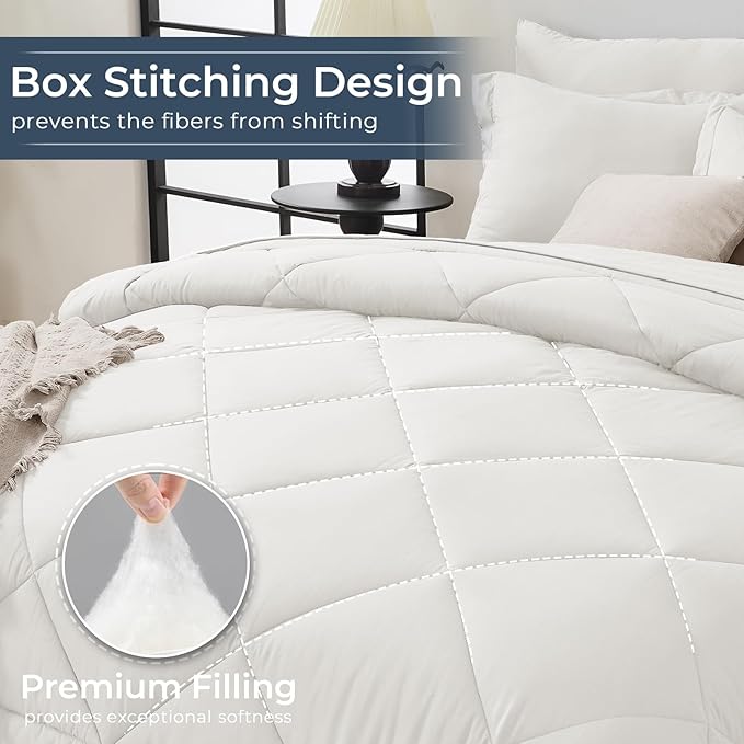 HEVUMYI Ivory Queen Comforter Set - 7-Piece All Season Bed in a Bag Queen, Ultra Soft Bedding Set with Comforter, Flat Sheet, Fitted Sheet, Pillowcases, Pillow Shams