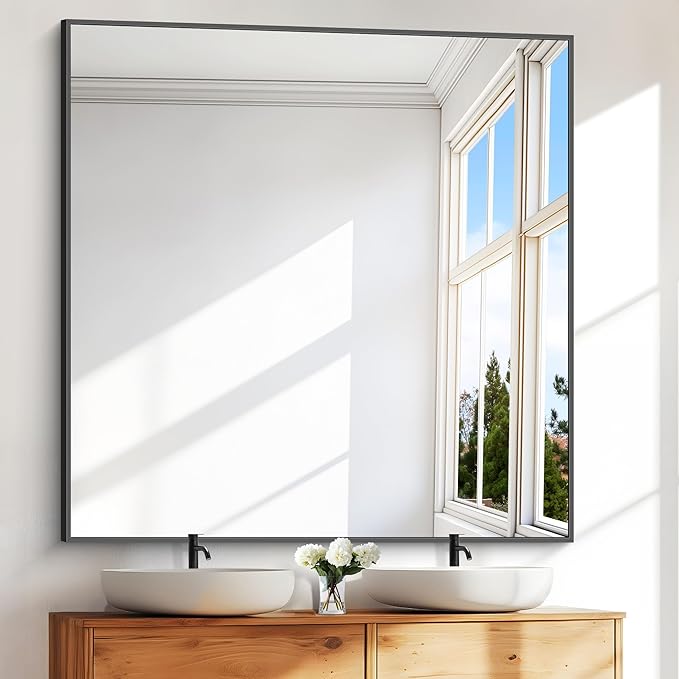 BONEWEI Bathroom Mirror,48x48 inch Large Wall Mirror for Bathroom Wall Mounted,Black Rectangle Wall Mirrors,Square Mirror for Living Room,Farmhouse, Bedroom Entryway, Horizontal/Vertical
