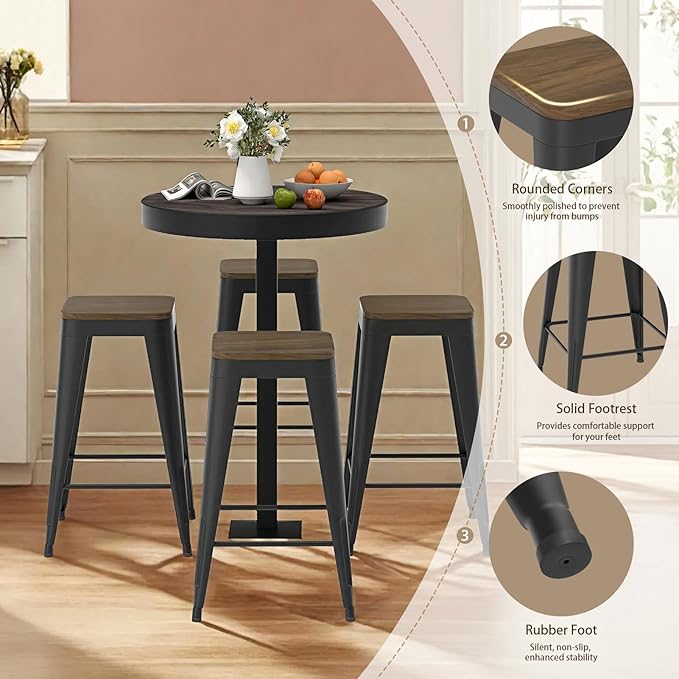 30 inch Backless Bar Stools Set of 4, Indoor Metal Bar Stools with Wood Seat, Industrial Counter Height Barstools for Kitchen Island, Black