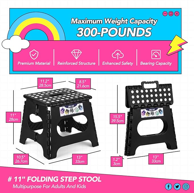 Delxo Folding Step Stool,11 Inch Non-Slip Foldable Step Stools,Portable Foldable Step Stool Lightweight Small Folding Stool with Handle for Kitchen Bathroom in Black,1 Pack