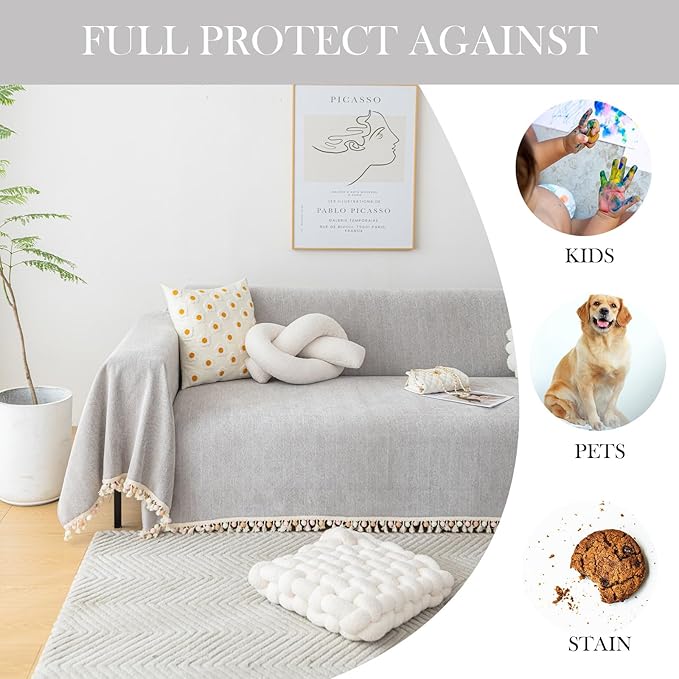 HANDONTIME Grey Sofa Cover for 3 Seat Couch - Dog Resistant, Light Grey, 91" X134", Tassel Chenille Herringbone