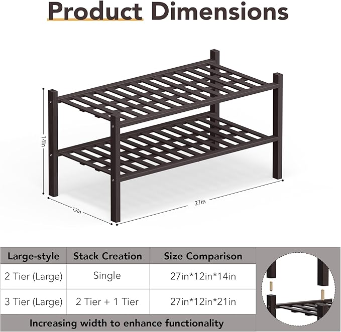 Haddockway Large 2 Tier Bamboo Shoe Rack Storage Organizer, Multifunctional Free Standing Stackable Shoe Shelf with Grid Panel for Closet,Hallway,Entryway,Small Space 27"x12"x14"(Brown, 2-Tier(Large))