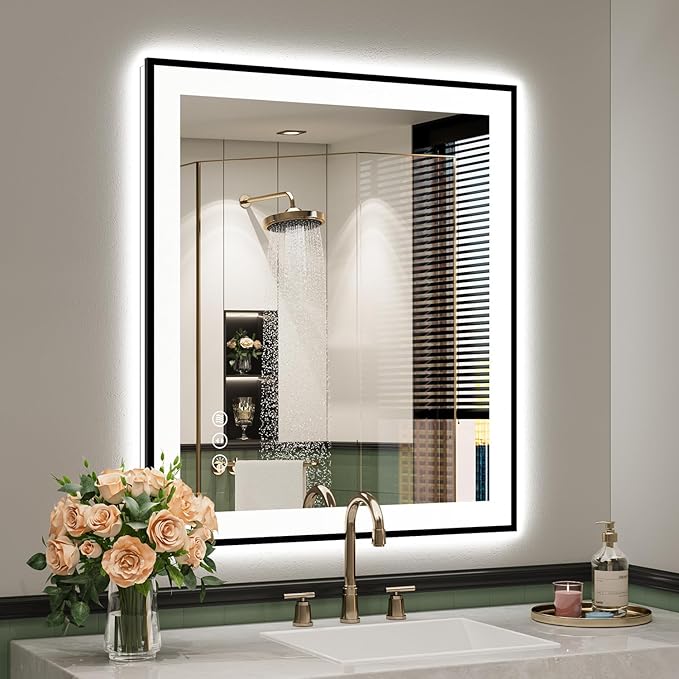 28x32 Inch LED Bathroom Mirror with Lights (Front Lit and Backlit) Black Framed Lighted Vanity Mirror for Bathroom Wall Dimmable Anti-Fog Memory Tempered Glass Horizontal/Vertical