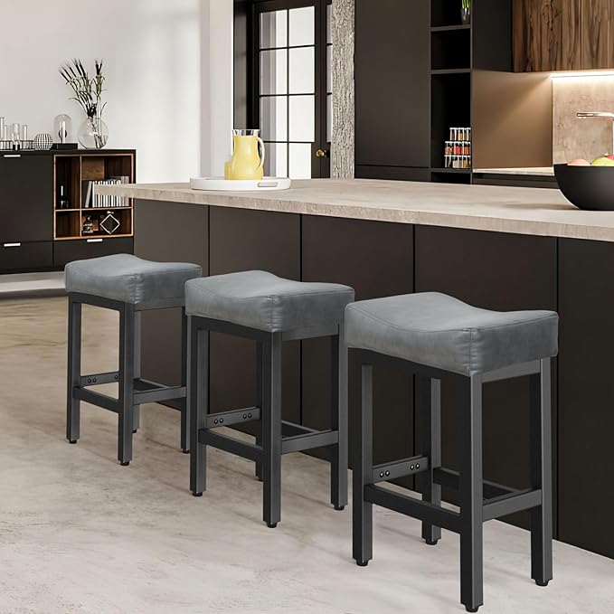 Counter Height Bar Stools Set of 3, 24 Inch Barstools for Kitchen Island Counter, Bonded Leather Kitchen Stools with Thick Saddle Seats & Heavy Duty Metal Base, Easy Assembly, Brown/Black