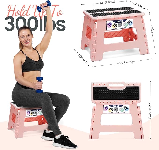 Delxo Folding Step Stool 9 Inch,Non-Slip Foldable Stools Up to 300 LBS,Kitchen Collapsible Fold Up Stepping Stool with Dotted 1 Pack,Pink