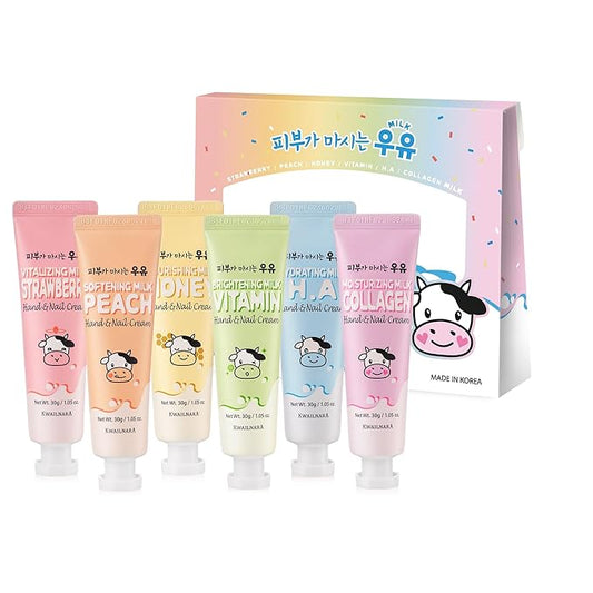 KWAILNARA Milk Hand & Nail Cream Gift Set (Set of 6) – Korean Hand Cream Variety Pack | Strawberry, Peach, Honey, Vitamin, Hyaluronic & Collagen | Deeply Nourishing K-Beauty Gift