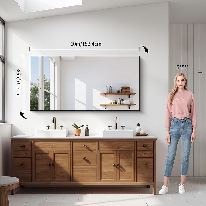 YIROMAN Bathroom Mirror 60"x30", Large Brushed Silver Bathroom Mirror for Over Sink with Aluminum Frame, Rectangular Vanity Mirror with Right Angle, Wall Mirror Hangs Horizontal or Vertical