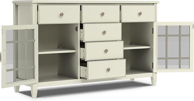 SIMPLIHOME Connaught Buffet - 60 inch Wide Solid Wood 3-Door Sideboard Buffet in Antique White, Traditional Storage Cabinet for Dining Room or Kitchen with Adjustable Shelves and Classic Molding