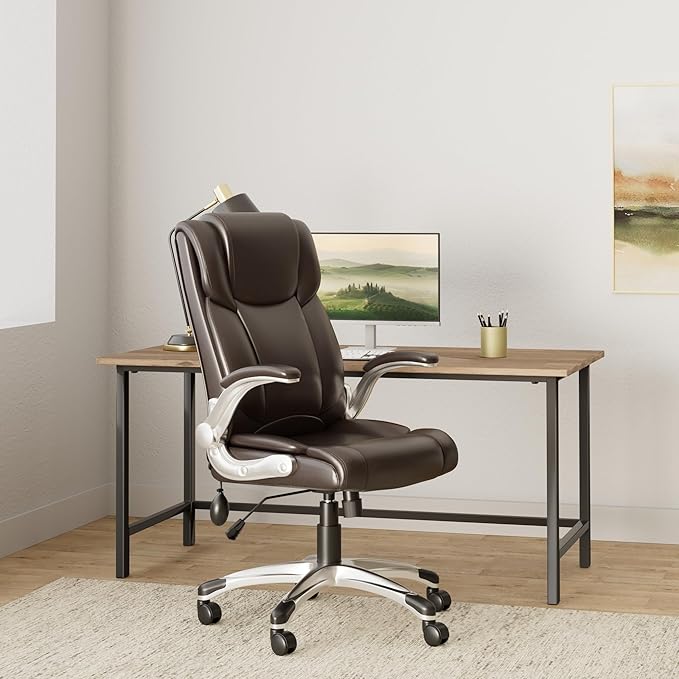 COLAMY Leather Executive Office Chair- High Back Home Computer Desk Chair with Padded Flip-up Arms, Adjustable Tilt Lock, Swivel Rolling Ergonomic Chair for Adult Working Study-Brown, Set of 2