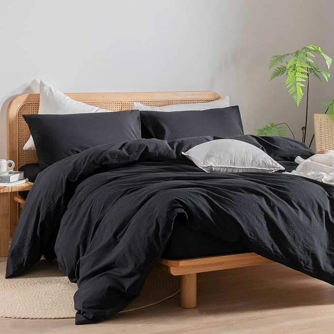 BESTOUCH Duvet Cover Set 100% Washed Cotton Linen Feel Super Soft Comfortable Chic Lightweight 3 PCs Home Bedding Set Solid Deep Black Super King