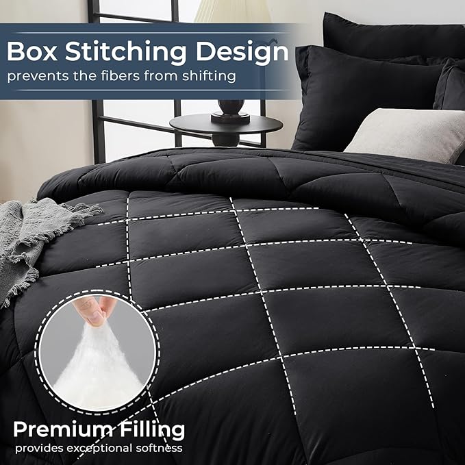 HEVUMYI Black Oversized Queen Comforter Set - 7-Piece All Season Bed in a Bag Oversized Queen, Ultra Soft Bedding Set with Comforter, Flat Sheet, Fitted Sheet, Pillowcases, Pillow Shams