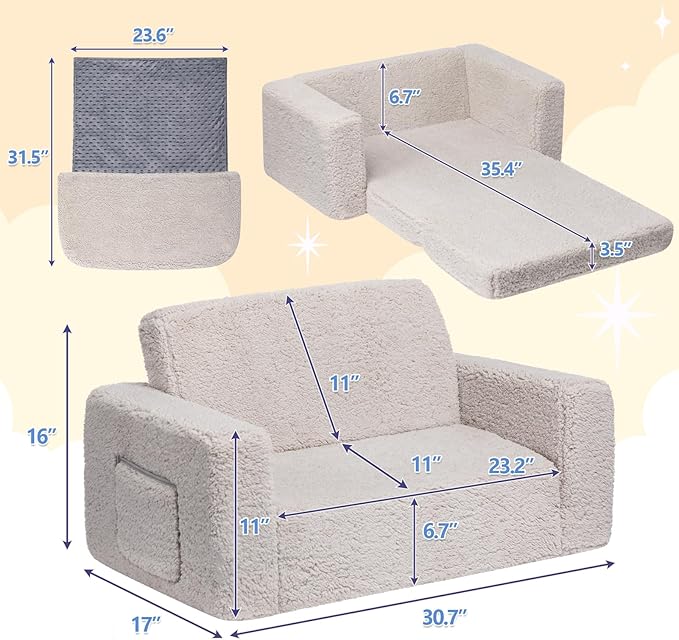 ALIMORDEN Fold Out Toddler Couch, Extra Wide Comfy 2-in-1 Cuddly Sherpa Sofa for Kids, with Removable Baby Friendly Blanket, Convertible Sofa to Bed, Light Grey