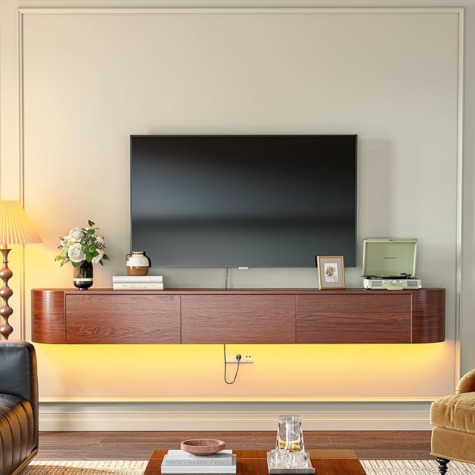 Fully Assembled Floating TV Stand with Drawers, 78IN Vintage Wall Mounted Entertainment Center, Minimalist Large Storage Console Under TV, Solid Wood Media Shelf for Living Room, Bedroom