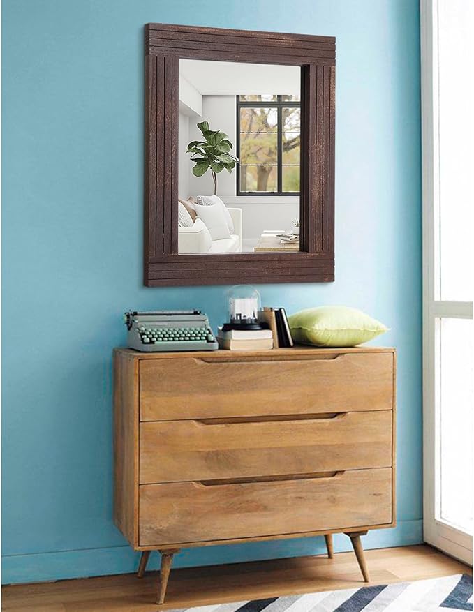 Mirrors for Wall Rustic Wooden Frame Rectangle Mirror Vintage Hanging Mirror for Bedroom Bathroom Living Room Farmhouse Wall Decor Brown Large 20" x 16 "