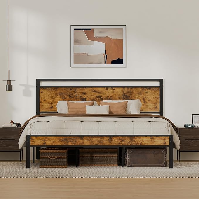 Z-hom Upgraded King Size Bed Frame, Heavy Duty Metal Sturdy King Bed Frame with Modern Wood Headboard & Footboard, Stable Platform Bed Furniture Bed Storage, No Noise, No Box Springs, Vintage Brown