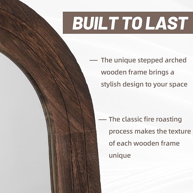 Arched Full Length Mirror with Solid Wood Frame, 71x32 Farmhouse Wall Mounted Floor Mirror with Stand, Vertical Hanging, Leaning Standing for Bedroom, Living Room, Brown
