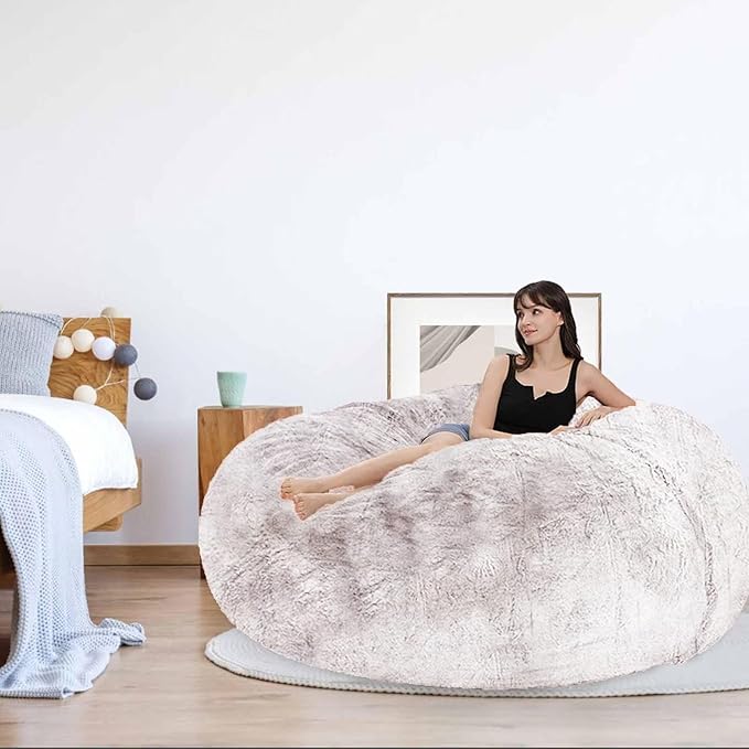 Bean Bag Chair for Adults Kids Without Filling Comfy Oversized Round Lazy Sofa Bean Bag Cover for Stuffed Animal Storage Bedroom Living Room Chairs, 6FT, White