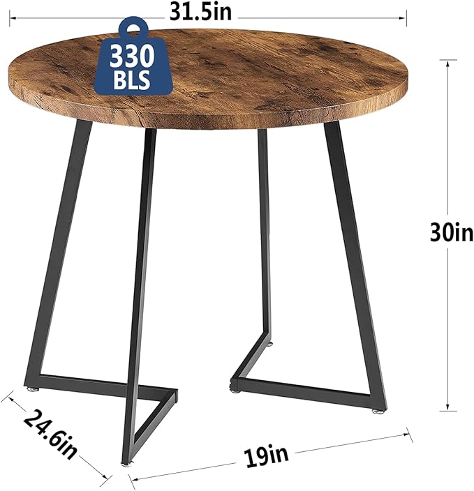 VECELO Round Dining Room Table with Wood Grain Tabletop and Steel Frame, for Kitchen, Living Room, Office, Conference, 2 to 4 Person, Antique Brown