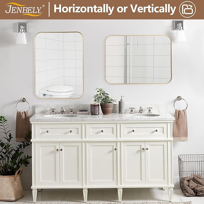 Gold Mirror, 22x30 Inch Framed Rectangle Mirror with Rounded Corner, Brushed Brass Mirror, Gold Bathroom Mirror for Over Sink, Vanity, Living Room, Bedroom, Horizontal/Vertical