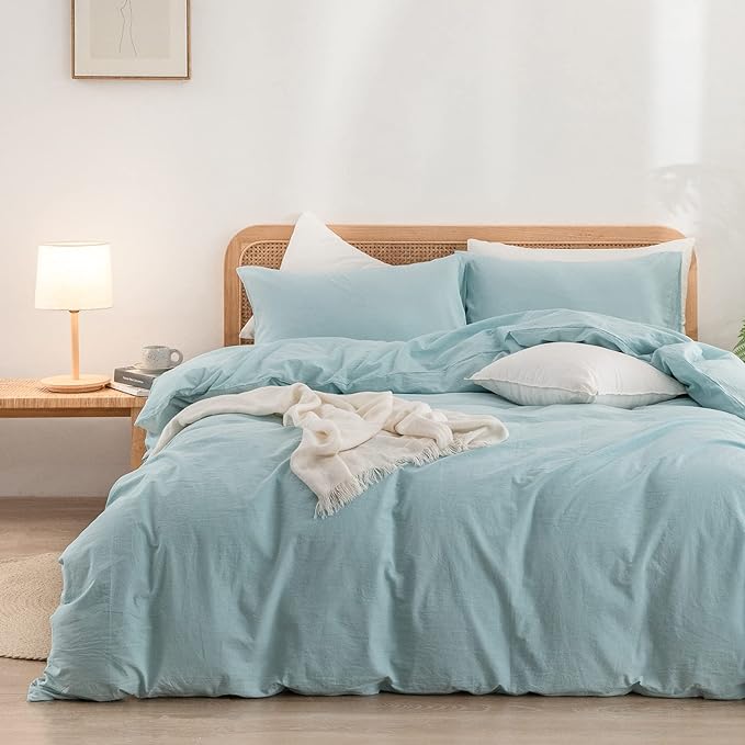 BESTOUCH Duvet Cover Set 100% Washed Cotton Linen Feel Super Soft Comfortable Chic Lightweight 3 PCs Home Bedding Set Solid Hushed Green Full/Double