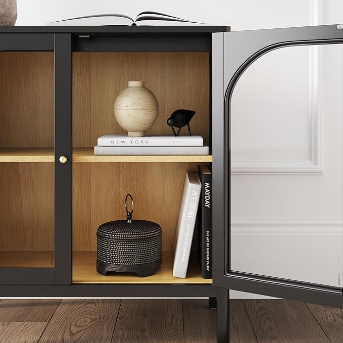 Nathan James Mason Storage Cabinet Accent Sideboard Buffet Credenza TV Stand with Glass Doors and Adjustable Shelf in Black Wood for Dining Room, Entryway and Living Room, Clear Glass/Black, Set of 3